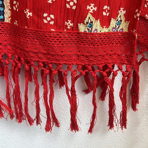 Band of Gypsies Red Boho Long Cardigan with Crochet and fringes - Picture 10 of 12